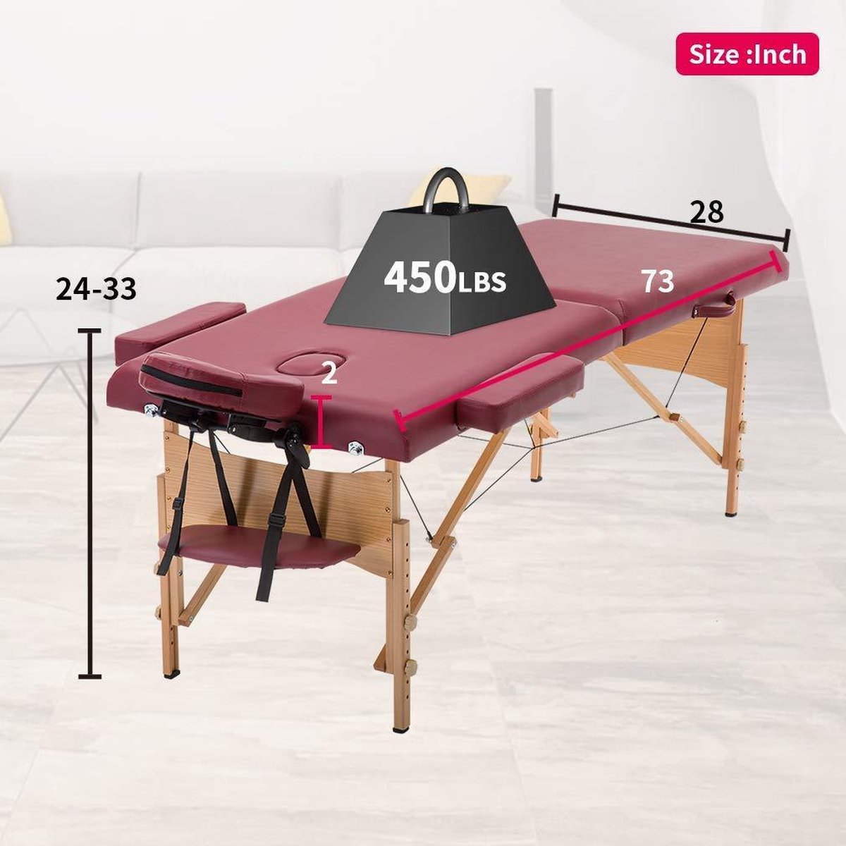 BestMassage MT-T1-Burgundy, Massagetafel draagbaar massagebed, 186 cm, hoogte verstelbaar en tweevoudig opklapbaar, met draagtas, rood